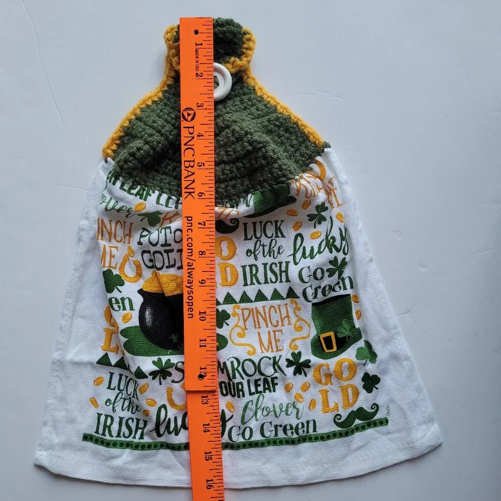Handmade Kitchen Towel Irish Lucky Gold Crotchet Top With Button For Hanging